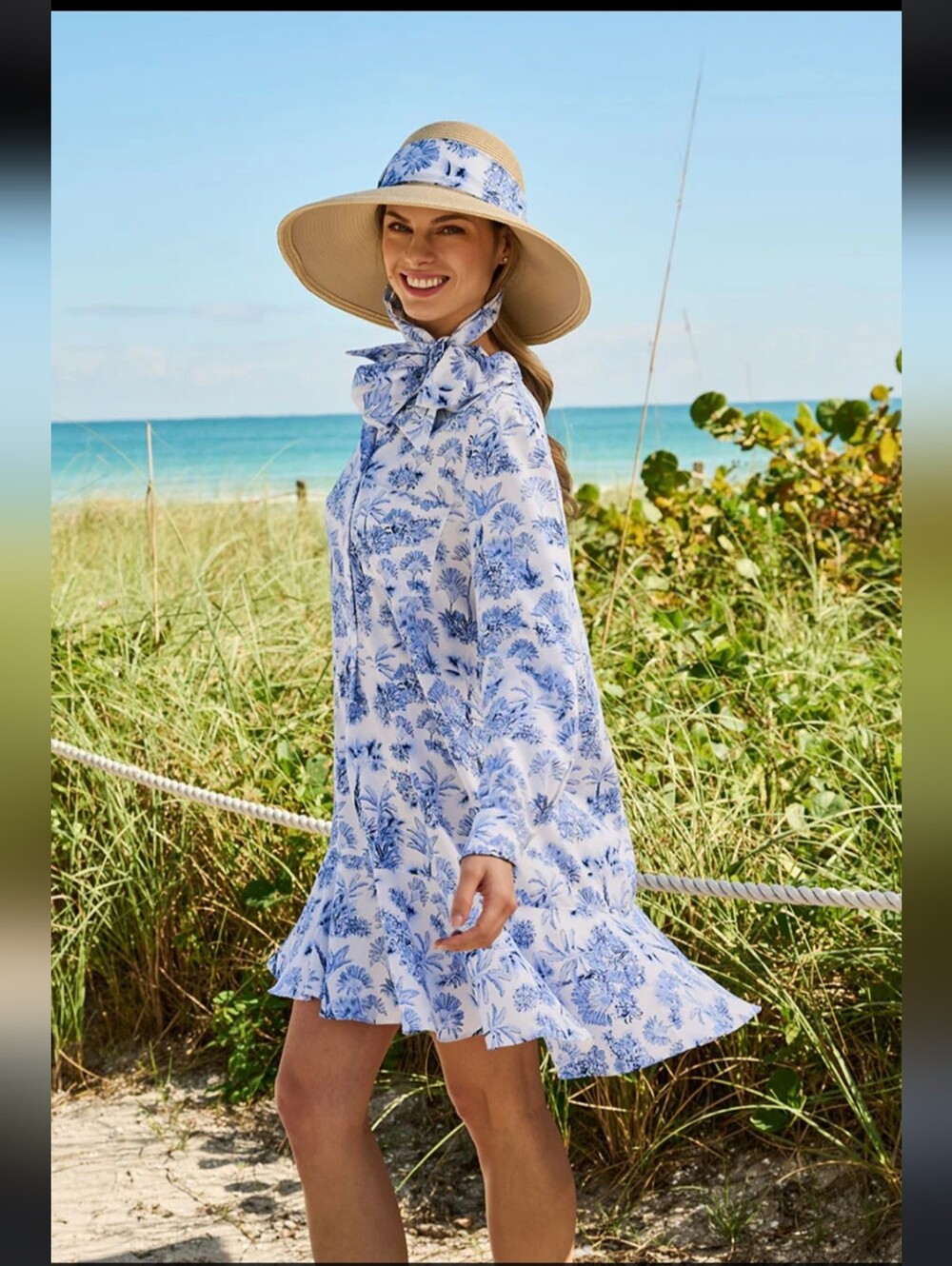 Coolibar UPF50 White and Blue Floral Castaneda Dress with Pockets